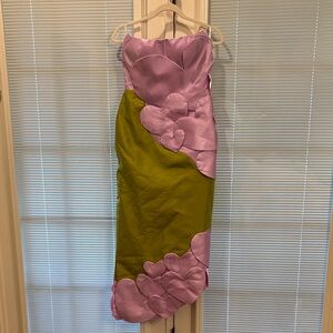 Strapless Pink & Olive Green Hearts Appliqué Midi Dress